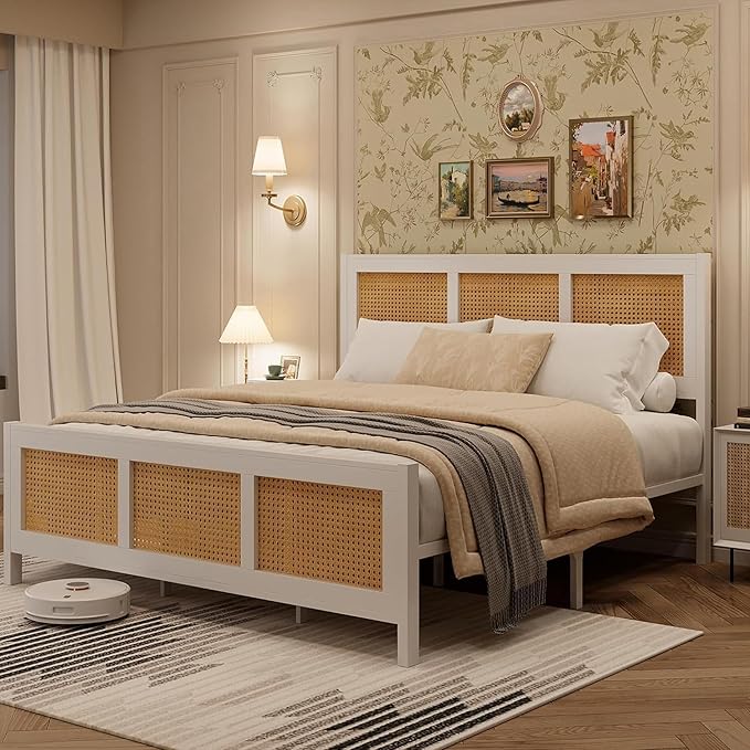 GarveeHome King Size Rattan Bed Frame with Headboard, White Boho Cane Platform Bed Frame with Strong Metal Slat, Noise Free, No Box Spring Needed