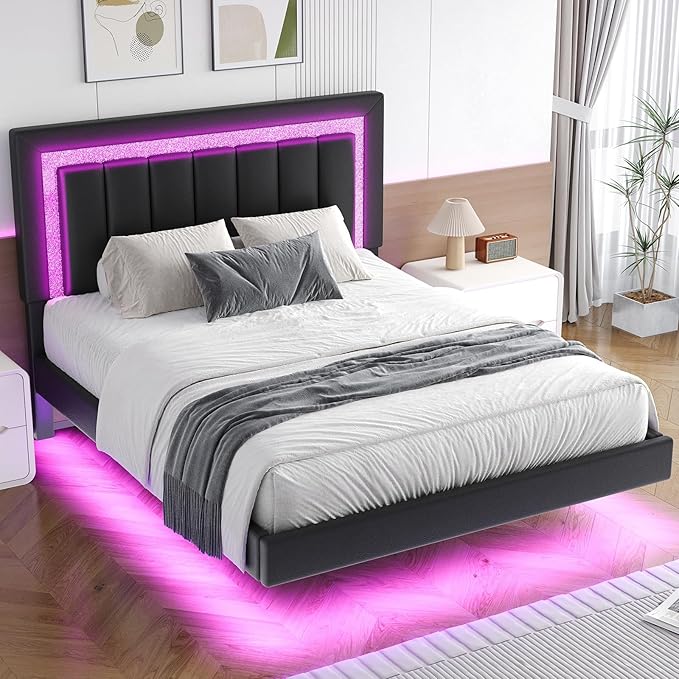 HOMBCK Floating Bed Frame Queen with Smart LED Lights, Faux Leather Upholstered Bed Frame Queen Size with Diamond Headboard, No Box Spring Needed, Noise Free, Easy Assembly, Black