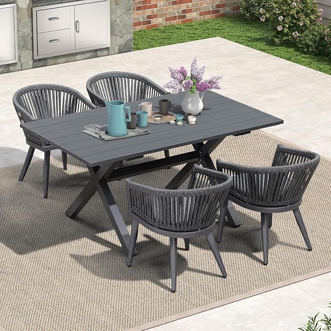 PURPLE LEAF 5 Pieces Outdoor Dining Set with Patio Aluminium Dining Table and Wicker Chairs Modern Furniture Cushions Sets for Backyard Indoor Decor Kitchen Gray
