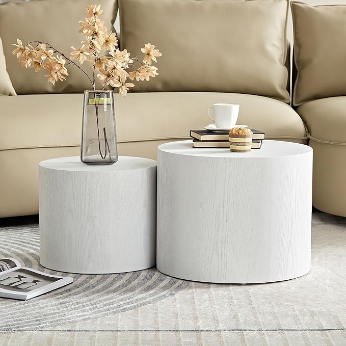 Nesting Coffee Table Set of 2, Modern Round Coffee Table with Non-Slip Feet, Wooden Circle Accent Tables for Small Spaces Living Room Bedroom Balcony Office Drum Side Table (White)