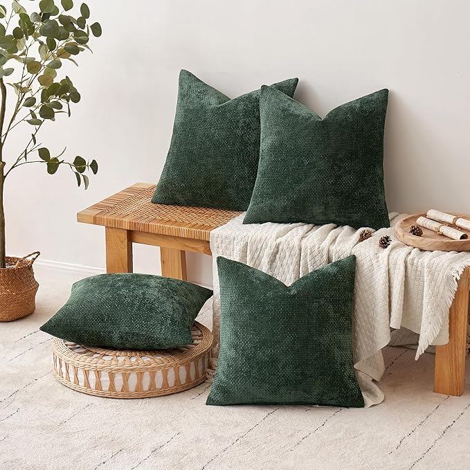 MIULEE Christmas Green Pack of 4 Throw Pillow Covers 18x18 Inch Soft Decorative Chenille Pillow Covers Farmhouse Accent Cushion Covers for Boho Home Decor Bedroom Living Room