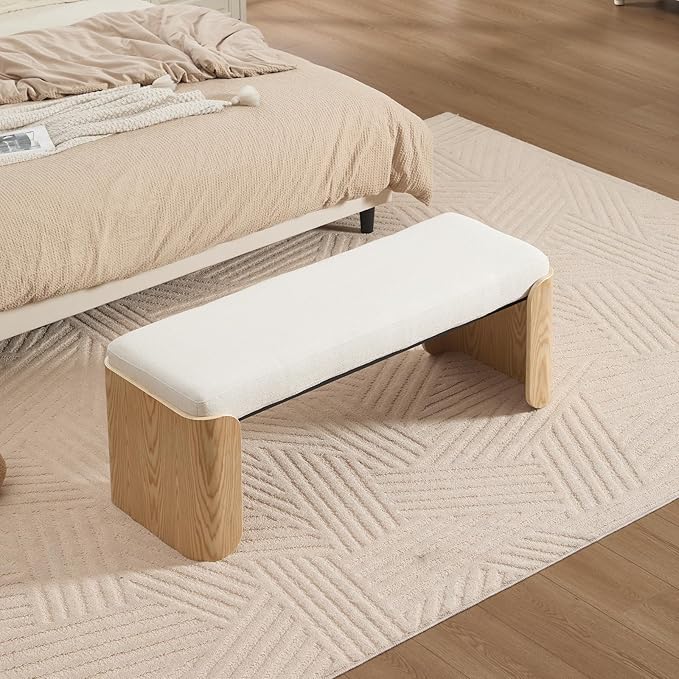 DUOMAY Modern Chenille Bedroom Bench, 49" Wide Long Entryway Bench with Solid Wood Legs Upholstered Dining Bench Ottoman for Living Room Indoor, White