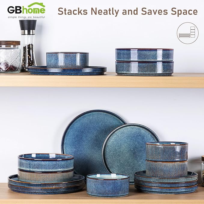 GBHOME Stoneware Dinnerware Sets for 4,Round Reactive Glaze Ceramic Plates and Bowls Set,Highly Scratch Resistant | Dishwasher & Microwave Safe Dishes Set,Service for 4(12Pcs)