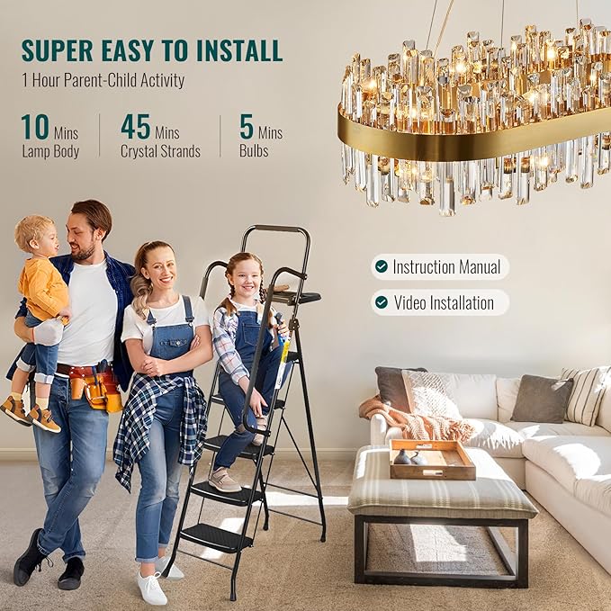 Siljoy Rectangular Gold Crystal Chandelier, 16-Light Modern 2-Tiers K9 Crystal Raindrop Chandelier, Luxury Oval Crystal Penadnt Ceiling Light Fixture for Dining Room Living Room Kitchen Island L35.4''