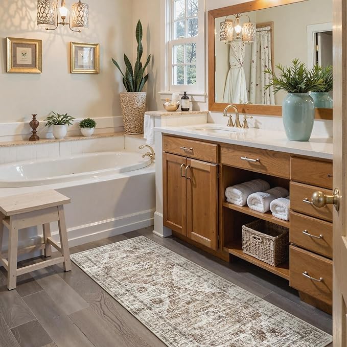Uphome Bathroom Runner Rug, Distressed Tribal Farmhouse Khaki Bathroom Mat, Large Bathroom Rugs Non Slip Washable, Oriental Retro Boho Bath Mat Runner for Bathtub Sink Hallway, 24x71 inch