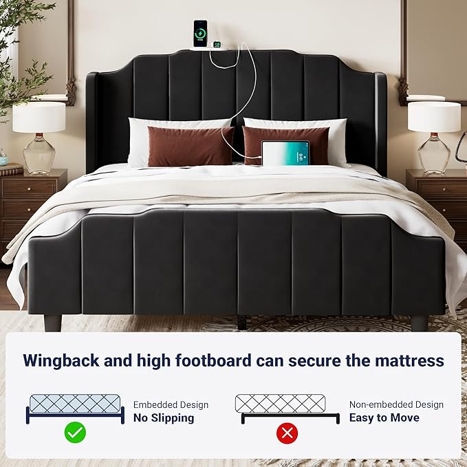 Allewie Vintage Queen Size Velvet Platform Bed Frame with Curved Vertical Tufted Wingback Headboard and Footboard, Charging Station, Easy Assembly, Under Bed Storage, No Box Spring Required, Black