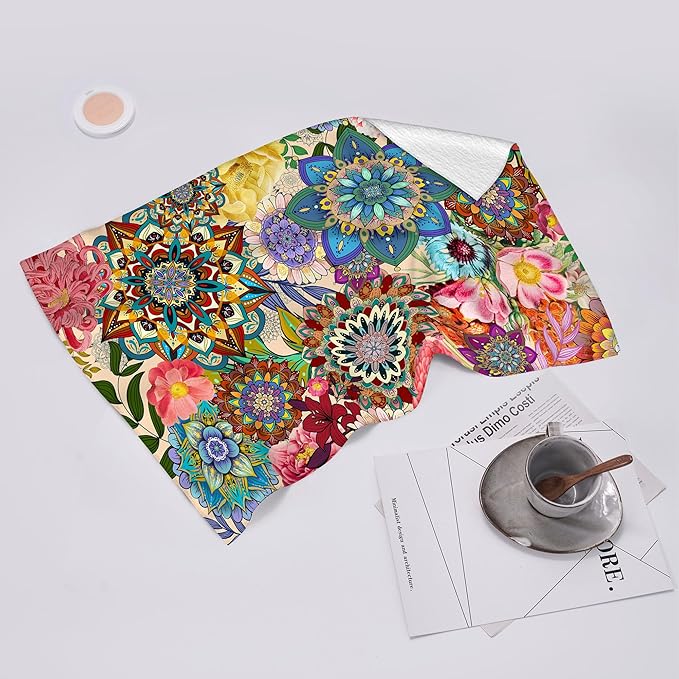 Boho Floral Kitchen Towels Set of 2 Absorbent Colorful Flowers Dish Towels Tabletop Decor Floral