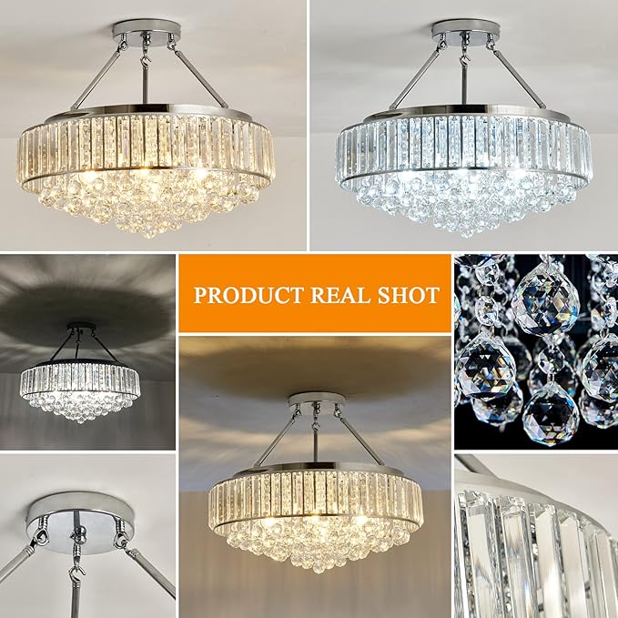 YYJLX 6 Light Modern Large Round Crystal Chandelier Chrome Semi Flush Mount Ceiling Light Fixtures E26 Ceiling Lamp for Dining Room Living Room Laundry Room Foyer Kitchen Balcony Bedroom(Silver).