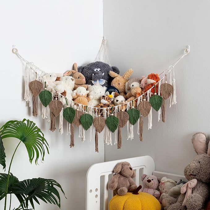 Pretty Jolly Stuffed Animal Storage with Hand Woven Leaf Tassels Hammock Corner Hanging Net Boho Macrame Plush Storage for Kid Room Nursery Decor Wall Display for Girls Gift(Green&Coffee)