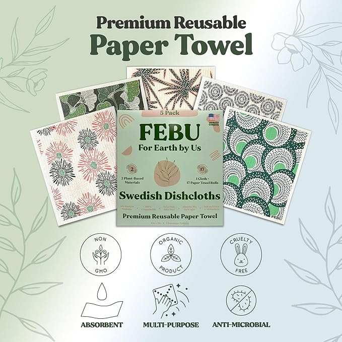 FEBU Swedish Dishcloths for Kitchen 5 Pack Botanique Reusable Washable Absorbent Dish Towels