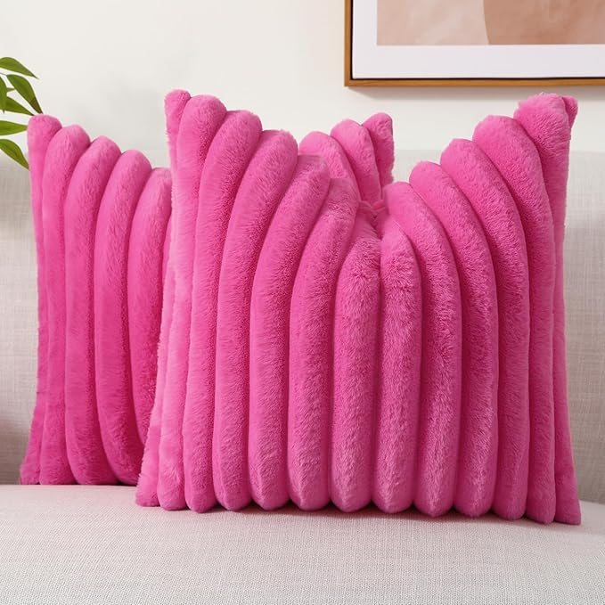 decorUhome Faux Fur Throw Pillow Covers 22x22 Set of 2, Decorative Soft Plush Striped Neutral Euro Pillow Covers with Velvet Back for Bed, Living Room Home Decor, Hot Pink