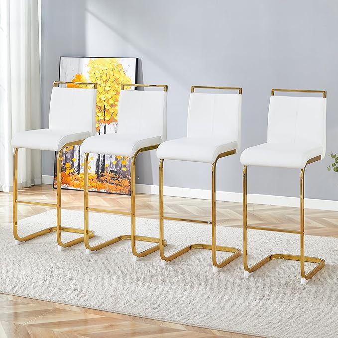 Counter Height Bar Stools Set of 4,Gold Bar Stools with Back,30" White Island Chairs with Gold Chrome Plated Metal Leg,Faux Leather Barstools for Pub Kitchen Counter Dining Chair
