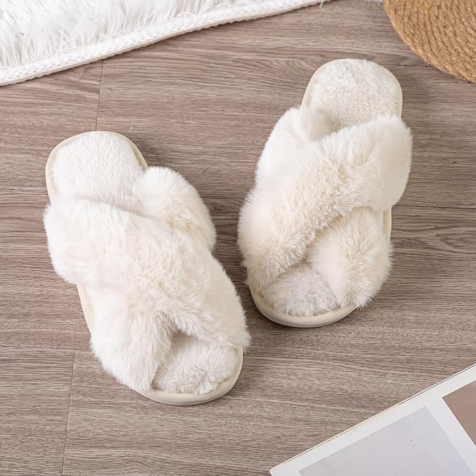 Women's Slipper Memory Foam Cross Band Fuzzy Slippers Open Toe Cozy House Slippers Cozy Plush Bedroom Indoor Outdoor