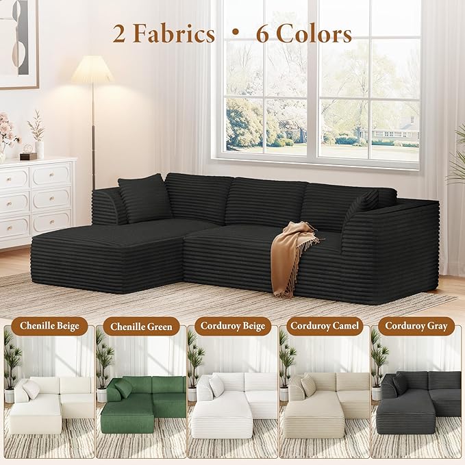 Vesgantti 106" Boneless Couch with Chaise, Deep Seat Comfy Cloud Modular Sofa Corduroy Sectional Couches for Living Room Bedroom, No Assembly Required (Black, Left-Facing Chaise)