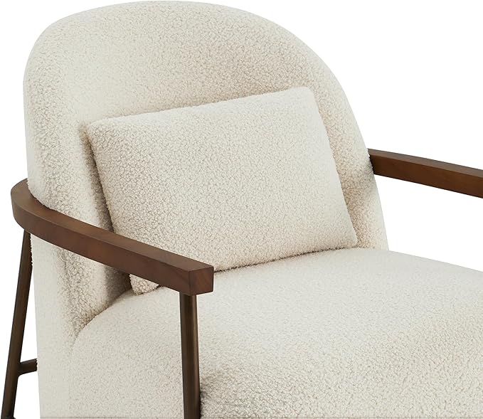 CHITA Accent Chair for Living Room, FSC Certified Modern Upholstered Faux Sherpa Fabric Armchair with Metal Frame and Wooden Armrests, Ivory