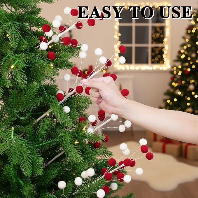 6 Pcs Red White Pom Poms Christmas Decorations & Felt Christmas Picks and Sprays DIY Xmas Tree Toppers, Festive Tree Filler & Decor (Redwhite)