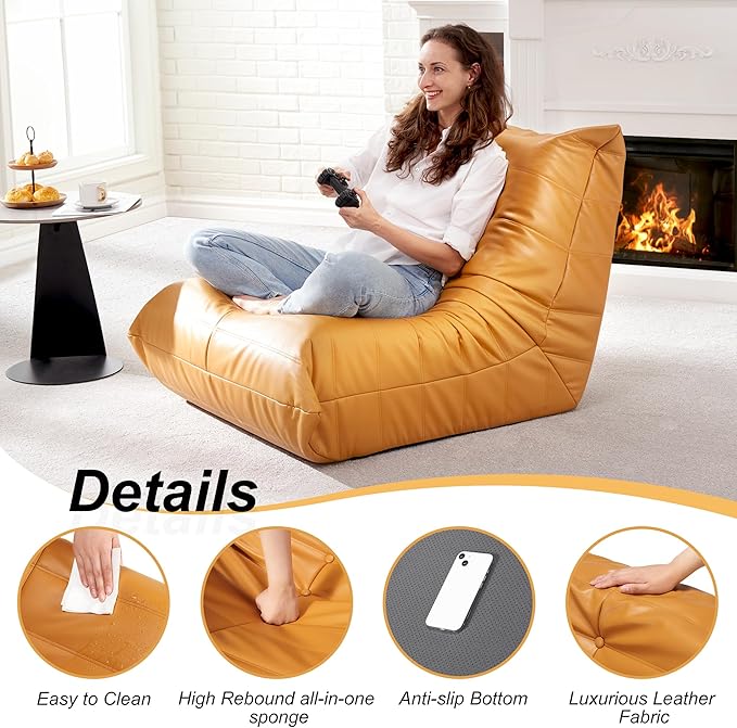 Hobestluk Giant Bean Bag Chair Lazy Floor Sofa, Fireside Sofa for Adults, Big Beanbag Faux Leather Armless Chair for Living Room Bedroom Dorm Office (Yellow, Single)