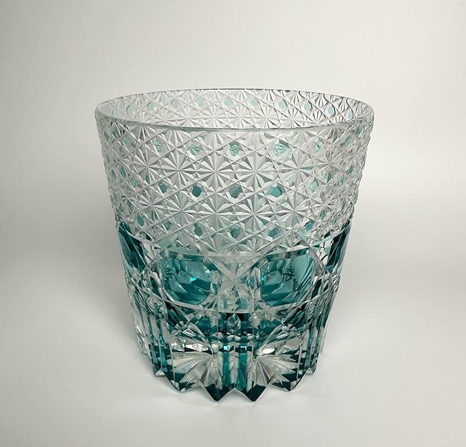 Hand Cut Whiskey Glass Japanese Style Edo Kiriko Inspired Sea Aquamarine Fluorite Tumbler 10oz Lead Free Blown Glass, Blue Design