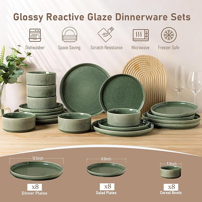 GBHOME Stoneware Dinnerware Sets for 8,Round Reactive Glaze Ceramic Plates and Bowls Set,Highly Scratch Resistant | Dishwasher & Microwave Safe Dishes Set,Service for 8(24Pcs)