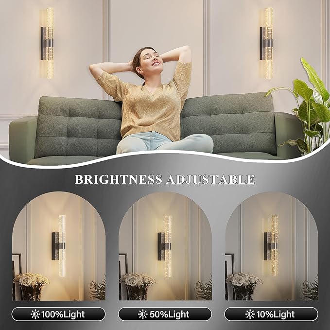 camuucci Battery Operated Black Wall Sconces Set of 2 Rechargeable Battery Powered Wall Light with 12000mAh Indoor Not Hardwired Dimmable Wall Lamp Fixtures for Bedroom Living Room 15.3 Inches