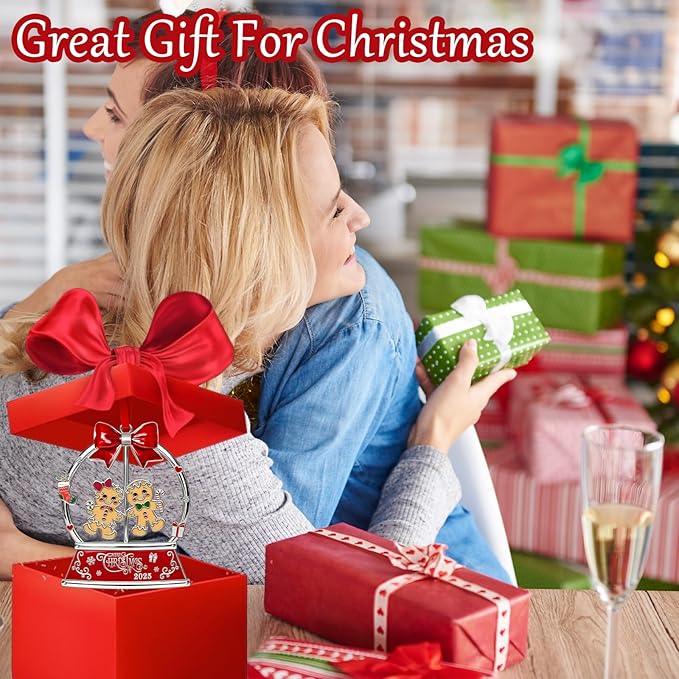 Christmas Gingerbread Couple Ornaments 2025 for Tree Decorations,Dated 2025 Metal Wreath Ornament with Rotatable for Christmas Keepsake Gifts for Grandparents, Kids, Friend