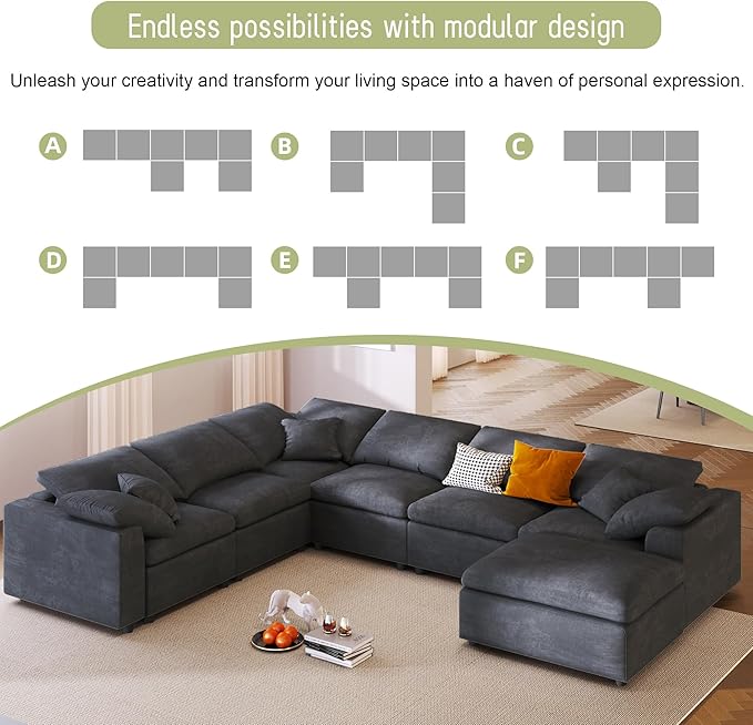 129" Large Modular Sectional Sofa L Shaped Modern Couch, Grey
