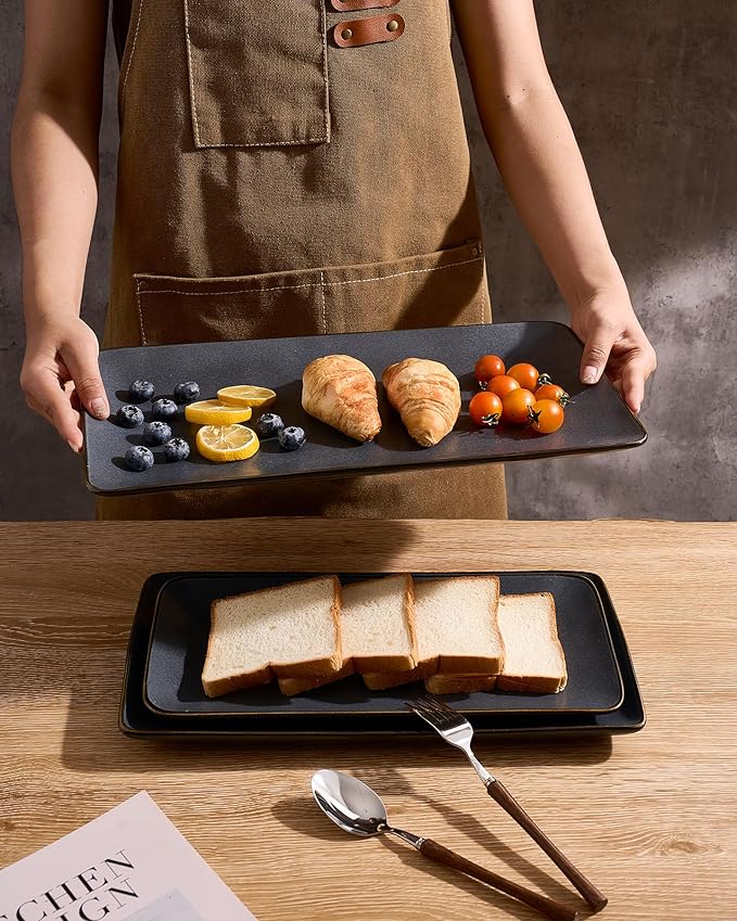 famiware Serving Platter, Rectangular 15.67/14.1/12.6inch Serving Dishes for Entertaining, Dishwasher Safe, Stoneware for Party, Food, Turkey, Snack, Cheese, Reactive Glaze, Matte Black