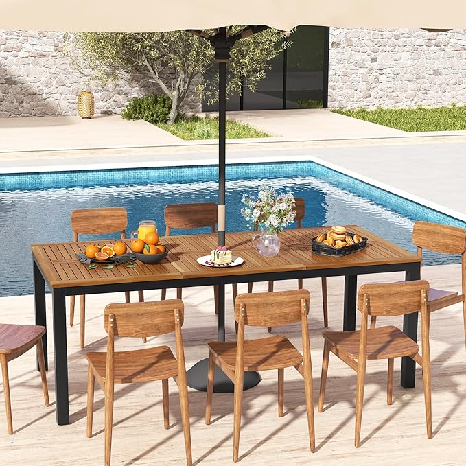 Tangkula 8-Person Outdoor Dining Table, 79 Inch Acacia Wood Patio Table with Umbrella Hole, Metal Legs & Adjustable Foot Pads, Farmhouse Bistro Table for Garden, Poolside & Backyard
