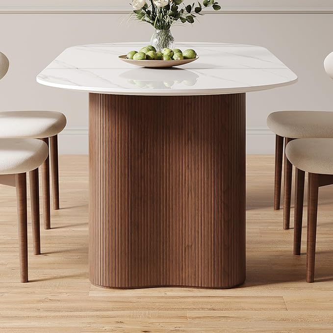 71" Modern Oval Dining Table for 6, Glossy White Sintered Stone Dining Tabletop with Brown Dual-Pedestal, Easy Assembly Dining Room Table for Home Kitchen (Table Only)