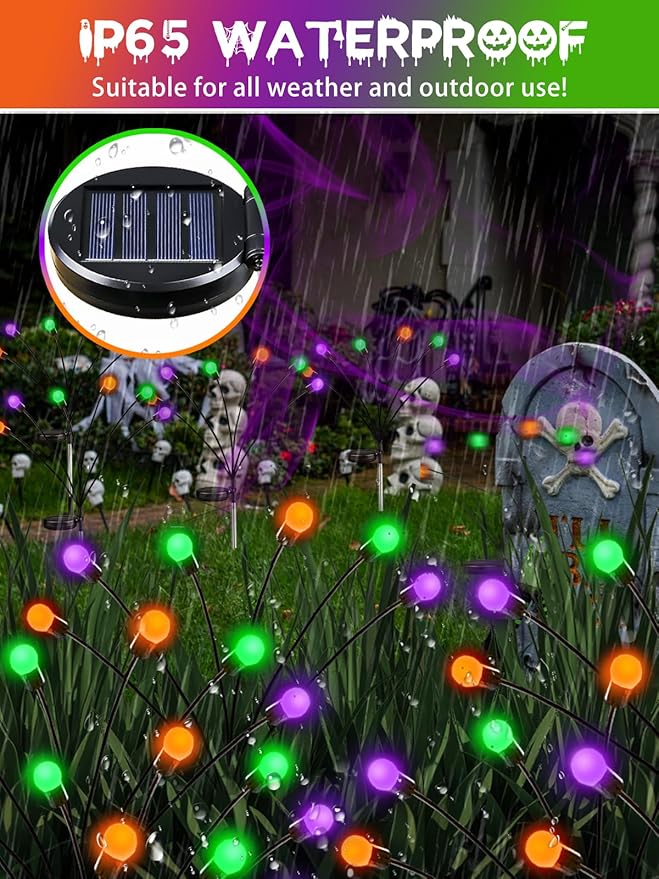 6 Pack Halloween Decorations Outdoor Solar Pathway Lights, Solar Firefly Lights Orange Purple and Green, Sway by Wind, Waterproof Solar Halloween Lights for Patio Garden Yard Lawn Horror Party Decor