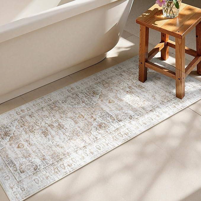 Uphome Bathroom Runner Rug, Distressed Tribal Farmhouse Light Khaki Bathroom Mat, Large Bathroom Rugs Non Slip Washable, Oriental Retro Boho Bath Mat Runner for Bathtub Sink Hallway, 24x59 inch