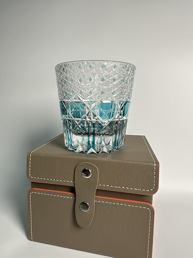 Hand Cut Whiskey Glass Japanese Style Edo Kiriko Inspired Sea Aquamarine Fluorite Tumbler 10oz Lead Free Blown Glass, Blue Design