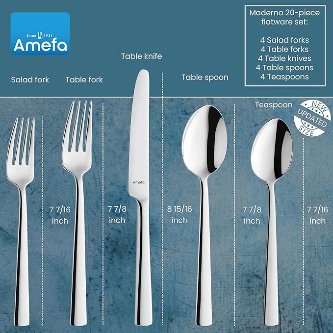 Amefa Moderno 20-piece 18/10 Stainless Steel Flatware Set, High Gloss Mirror Finish, Silverware Set Service for 4, Dishwasher Safe, Rust resistant Cutlery.
