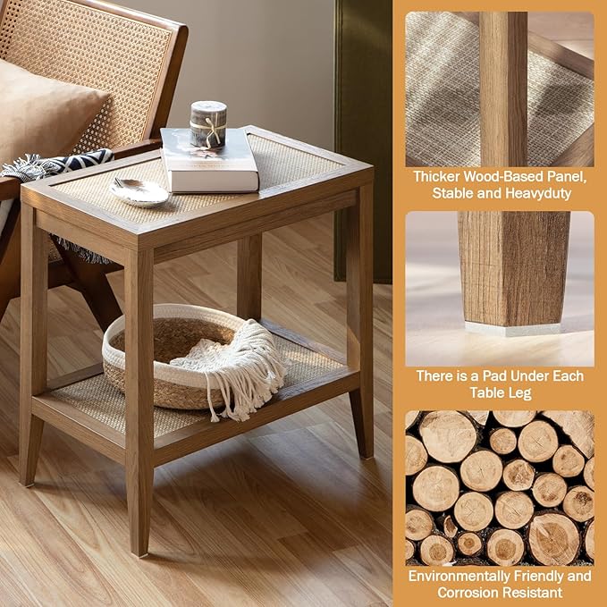 SICOTAS Rattan Nightstands Set of 2 Bedside Table Boho Narrow End Table, Reclaimed Caramel Oak