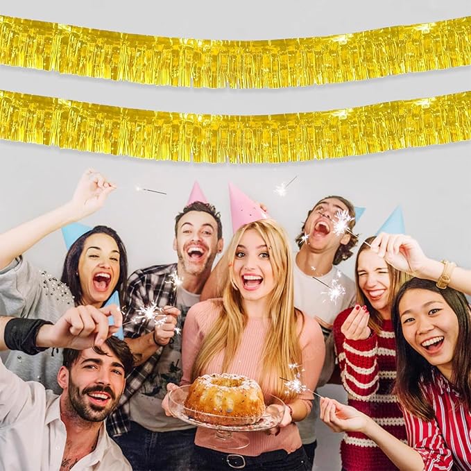 12 Pack 10 Feet Metallic Foil Fringe Garland Tinsel Streamers Banner, Gold Wall Hanging Tinsel Fringe Banners for Parade Floats, Wedding, Birthday, Christmas, New Year Party Decorations