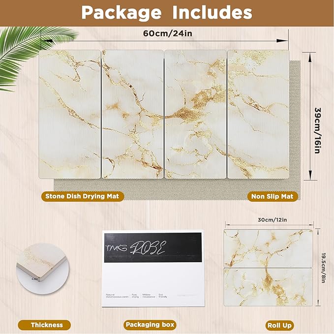 Stone Drying Mat for Kitchen Counter, White with Gold Veins Stone Dish Drying Mat - Diatomite Water Absorbing Drying Stone for Kitchen Counter Mat, Quick Dry Stone Mat Kitchen for Cups Dishes Bottles.