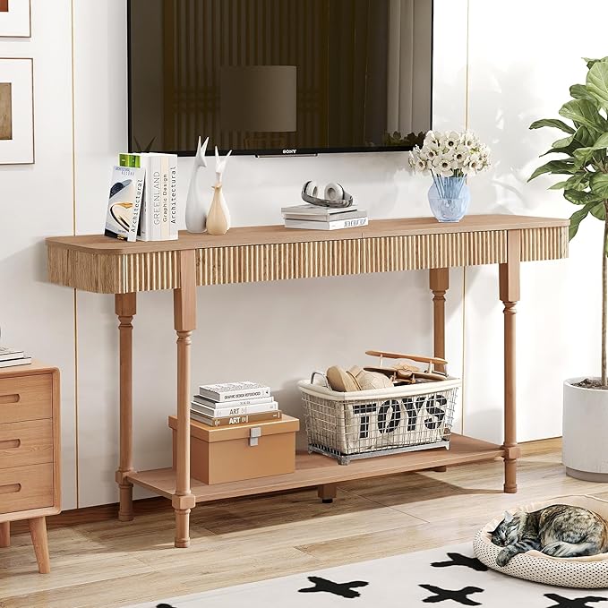 63'' Fluted Console Table with 2 Drawers, 2-Tier Long Entryway Tables with Open Storage, Wooden Narrow Sofa Table Behind Couch, Foyer Accent Table for Living Room, Hallway, Entrance (Natural)