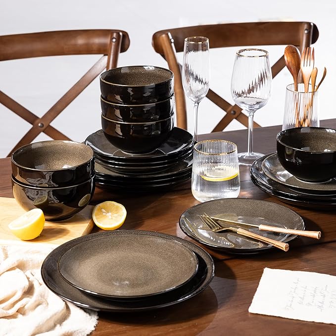 LeRatio Ceramic Dinnerware Sets for 6,Stoneware Plates and Bowls Sets,Handmade Reactive Glaze Dishes Set,Chip Resistant and Scratch Resistant | Oven&Dishwasher & Microwave Safe-Espresso Brown(18PCS)