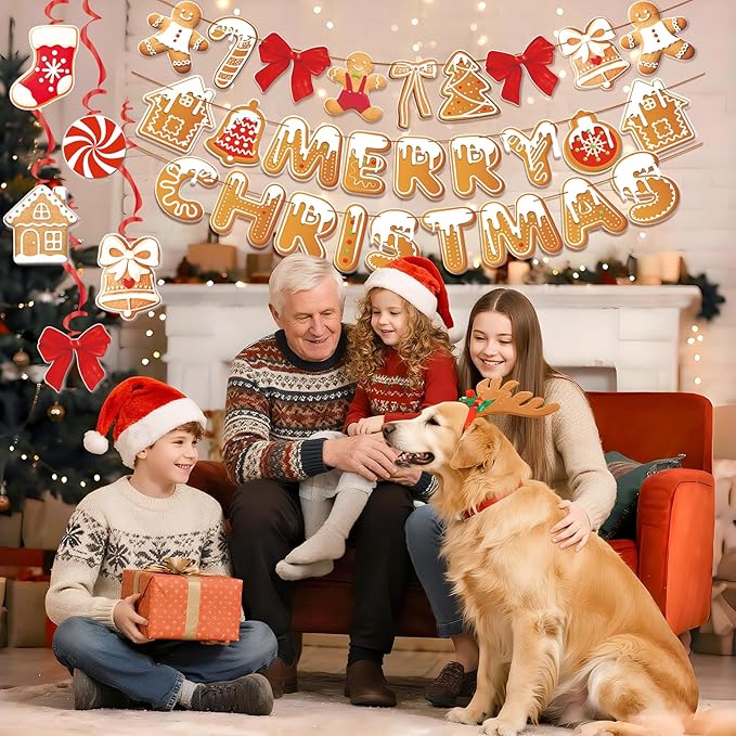 Merry Christmas Banners, Gingerbread Theme, Pre-Strung Holiday Party Décor with 20 Hanging Swirls for Home, Office, and School Celebrations