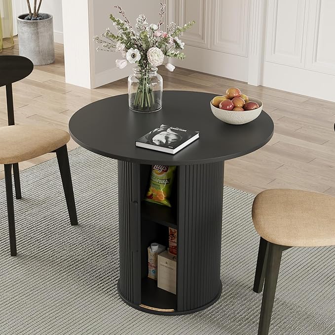 31.5" Round Dining Table for 2-4, Modern Kitchen Table with 2-Tier Storage Shelf, Small Wooden Circle Dining Tables with Fluted Base for Home Dining Room Living Room (Black)
