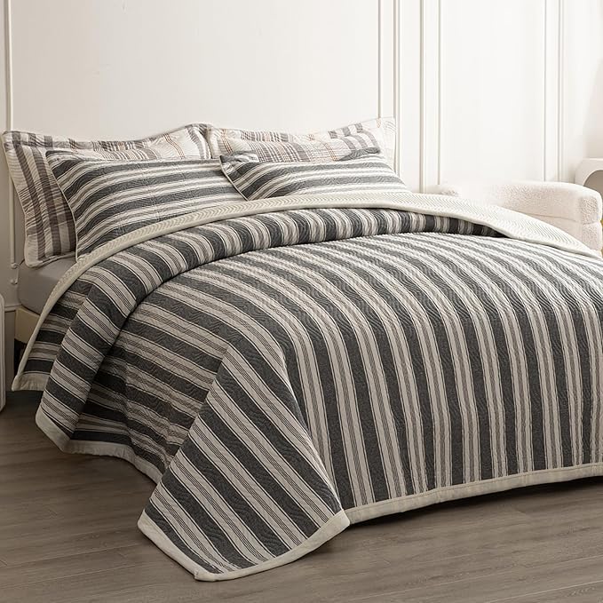 Cotton Striped Quilt Set King 3 Piece Lightweight Reversible Bedding, Stripe Grey White