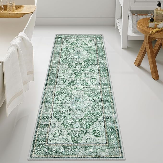 Uphome Bathroom Runner, Distressed Tribal Farmhouse Green Bathroom Mat, Large Bathroom Rugs Non Slip Washable, Oriental Retro Boho Bath Mat Runner for Bathtub Sink Laundry, 24x59 inch