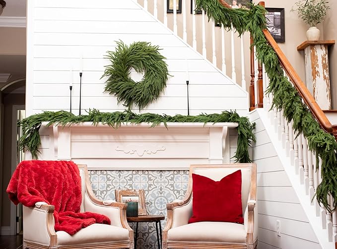 Extra Full 6 ft Real Touch Norfolk Pine Garland Realistic 6ft, Christmas Garland for Mantle, Soft and Bendable Real Touch Garland Christmas Greenery, Evergreen Christmas Garlands for Fireplace, Stairs