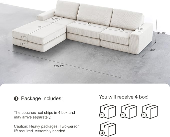 120.47‘’ Boneless Couch Cloud Modular Sectional Couches for Living Room, Oversize L-Shape Sofa with Deep Seat, Plush Corduroy 3-Seater with Ottoman, No Assembly Required