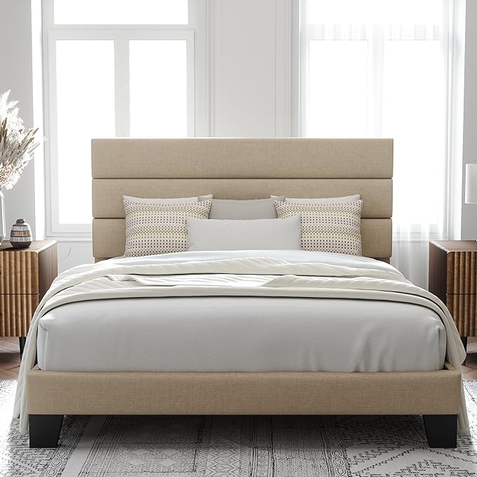 Allewie Full Size Platform Bed Frame with Fabric Upholstered Headboard and Wooden Slats Support, Fully Upholstered Mattress Foundation/No Box Spring Needed/Easy Assembly, Beige