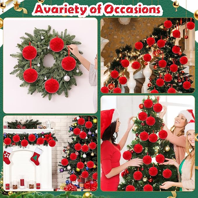 24 Pcs Red Furry Christmas Ball Ornaments for Tree 3.94 Inches Large Pom Pom Ball Christmas Hanging Decoration for Party Supplies Fireplace Mantel Wall Decor