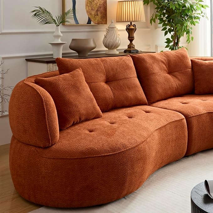 109" Modern Curved Sofa Sectional Couch, Luxury Comfy Boucle Upholstered Couches, Oversized 3 Seater Minimalist Deep Seat Modular Sofas for Living Room,Bedroom, Home Office, Apartment, Orange