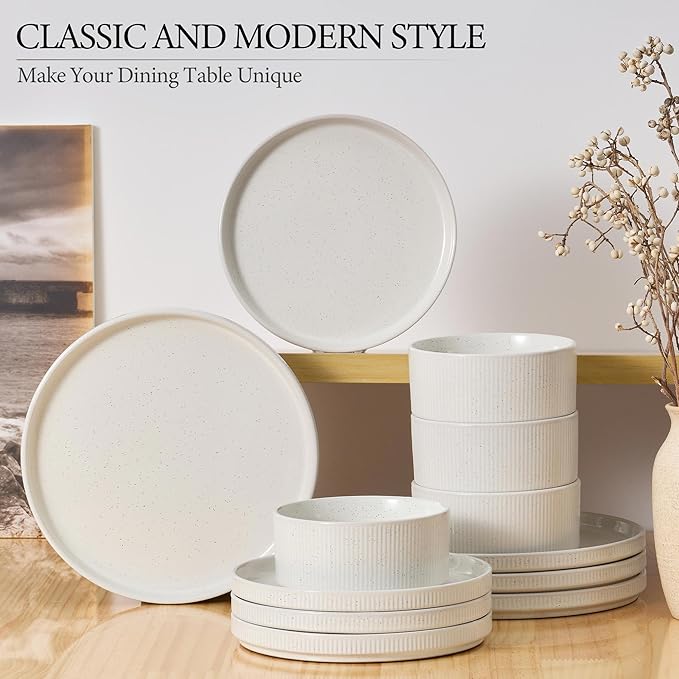 E-far 12-Piece Plates and Bowls Sets, Stoneware Dinnerware Dishes Sets for 4, Kitchen Modern Dining Dishware, Chip & Scratch Resistant, Microwave & Dishwasher Safe, Speckled White