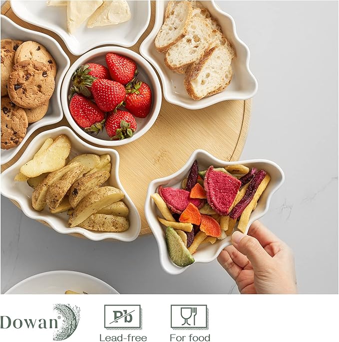 DOWAN 360° Rotatable Serving Platters, 12 Inch Divided Serving Bowls for Party, Kitchen Decor, Removable Serving Dishes for Chips and Dip, Fruit, Veggies, Candy and Snacks, 7 Pieces, White