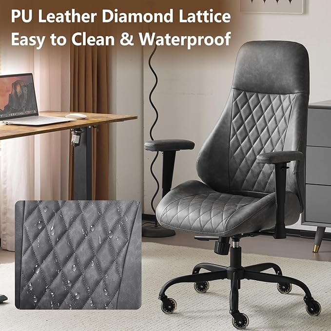 YFO Home Office Chair High Back Office Rubber Chair Casters Ergonomic Computer Chair with Lumbar Support Adjustable Height Rolling Swivel Chair Executive Task Armrests, Grey Leather
